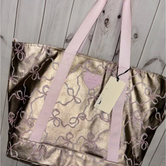 LoveShackFancy state pink & gold xl tote weekender, overnight travel /duffle bag